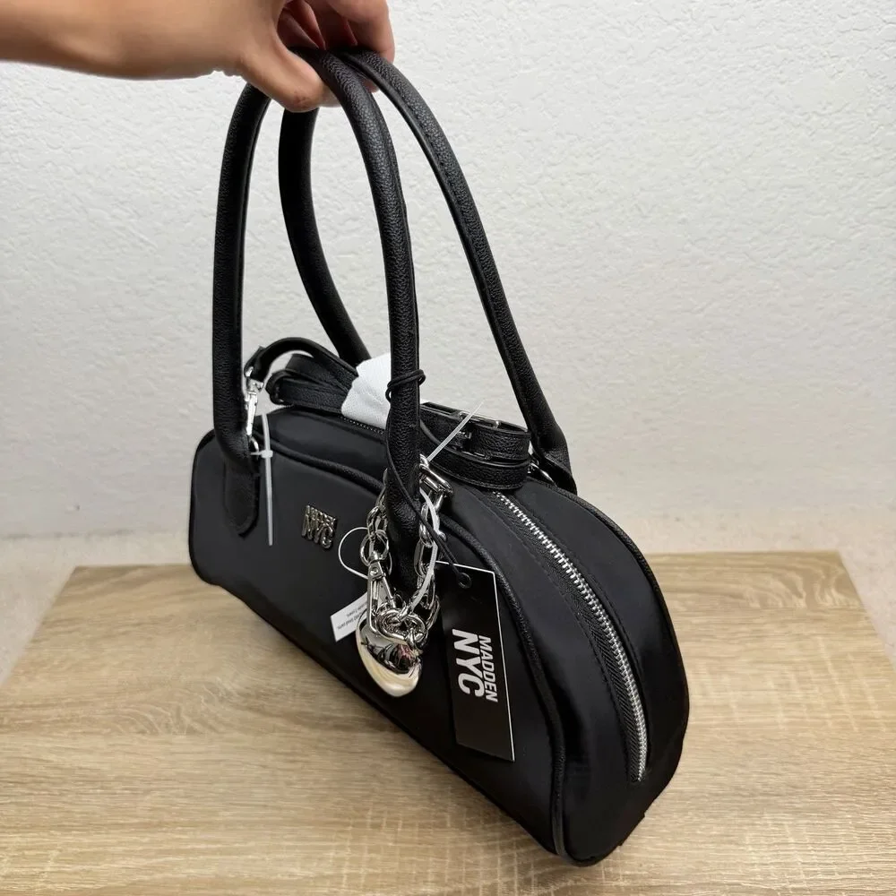 Madden NYC East West Bowler Bag Black Nylon Crossbody Shoulder Bag Heart Charm